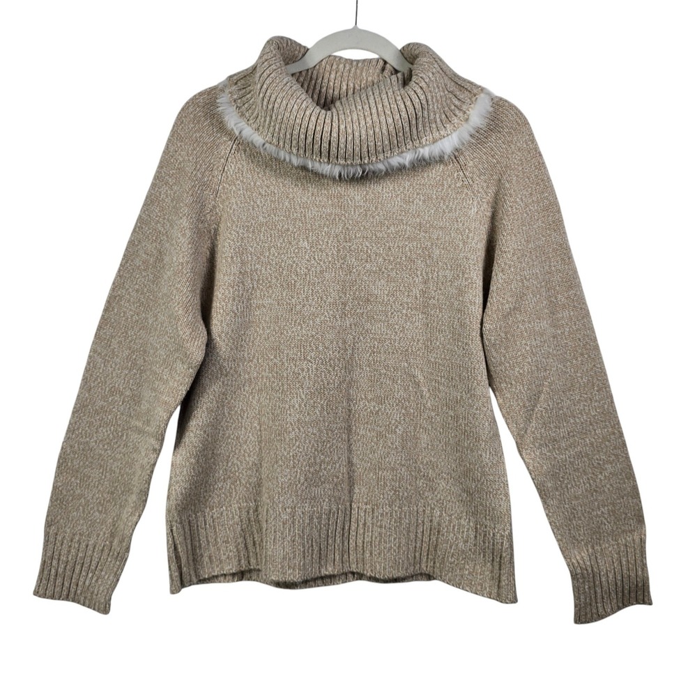 Carolyn Taylor Sweater Women XL Cowl Neck Tan Rabbit Fur Trim Marled Pullover